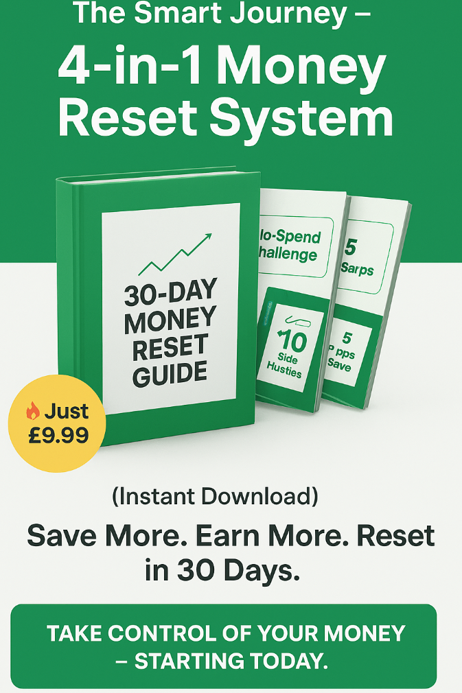 Promotional graphic for a '4-in-1 Money Reset System' with books and a guide on a green background.